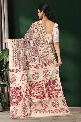 Natural ivory & madder red printed andhra cotton saree with running blouse 3