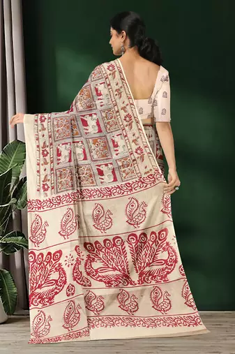 Natural ivory & madder red printed andhra cotton saree with running blouse