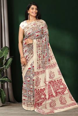 Natural ivory & madder red printed andhra cotton saree with running blouse 4