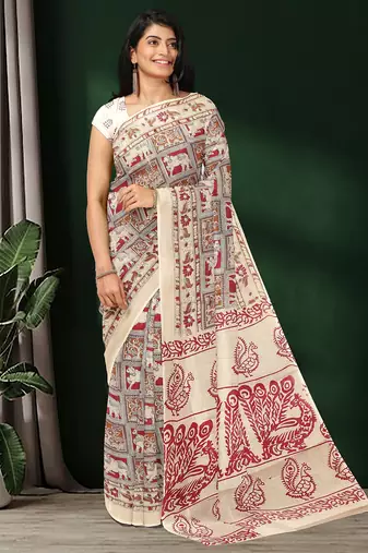 Natural ivory & madder red printed andhra cotton saree with running blouse