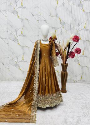 Heavy fendy silk blend  embroidery and sequnce woek mustard readymade salwar suit 2