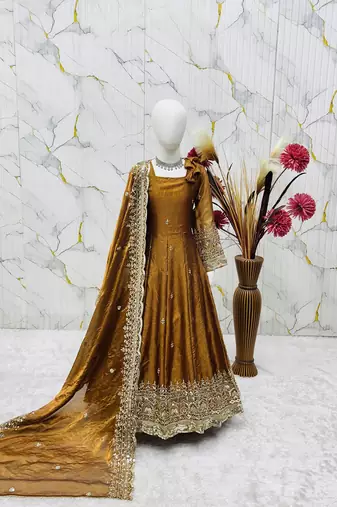 Heavy fendy silk blend  embroidery and sequnce woek mustard readymade salwar suit
