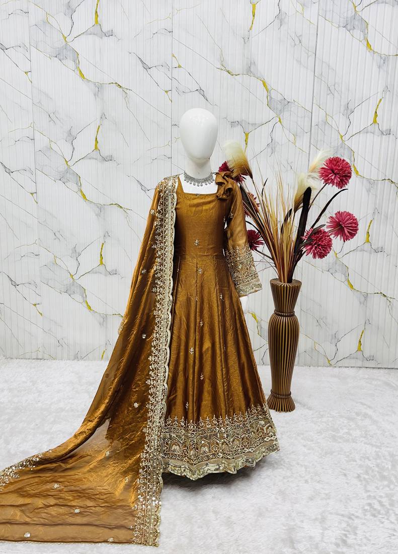 Heavy fendy silk blend  embroidery and sequnce woek mustard readymade salwar suit