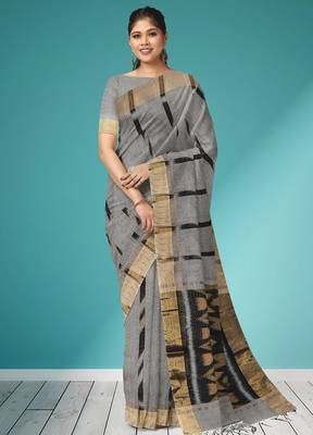 Slate grey & antique gold pochampally ikat cotton saree with running blouse 1