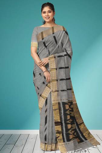 Slate grey & antique gold pochampally ikat cotton saree with running blouse