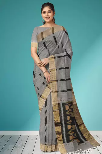 Slate grey & antique gold pochampally ikat cotton saree with running blouse
