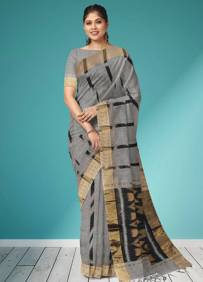 Slate grey & antique gold pochampally ikat cotton saree with running blouse
