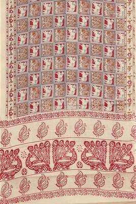 Natural ivory & madder red printed andhra cotton saree with running blouse 5