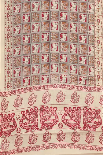 Natural ivory & madder red printed andhra cotton saree with running blouse