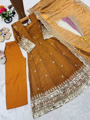 Heavy fendy silk blend  embroidery and sequnce woek mustard readymade salwar suit 3
