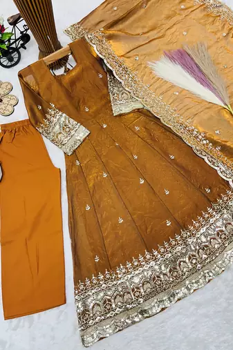 Heavy fendy silk blend  embroidery and sequnce woek mustard readymade salwar suit