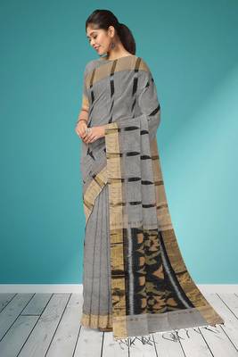 Slate grey & antique gold pochampally ikat cotton saree with running blouse 2