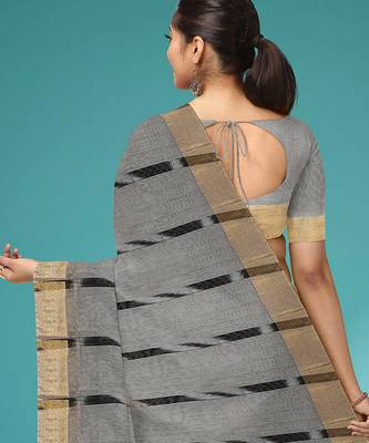 Slate grey & antique gold pochampally ikat cotton saree with running blouse 3
