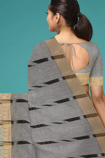 Slate grey & antique gold pochampally ikat cotton saree with running blouse
