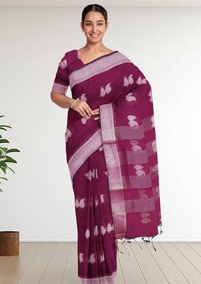 Tyrian purple & antique silver mau silk cotton saree with running blouse 1