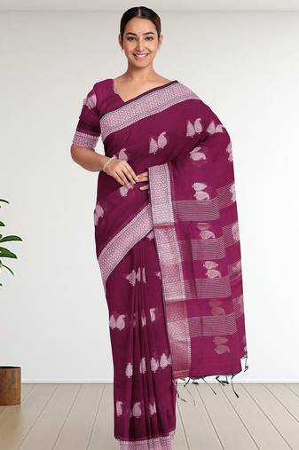 Tyrian purple & antique silver mau silk cotton saree with running blouse