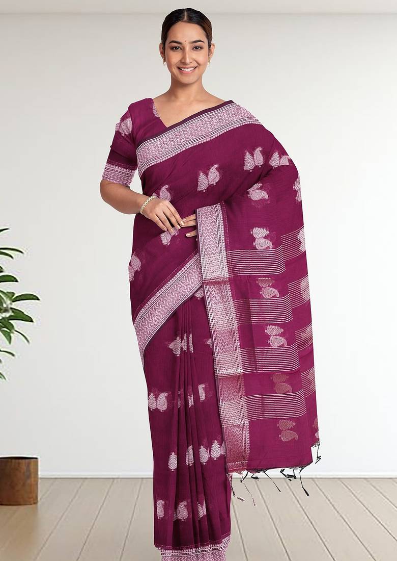Tyrian purple & antique silver mau silk cotton saree with running blouse