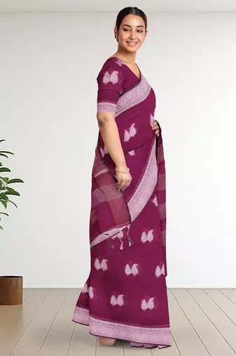 Tyrian purple & antique silver mau silk cotton saree with running blouse