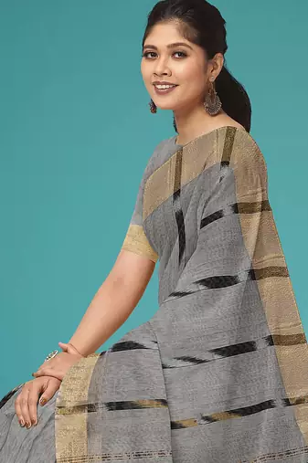 Slate grey & antique gold pochampally ikat cotton saree with running blouse