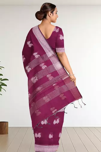 Tyrian purple & antique silver mau silk cotton saree with running blouse