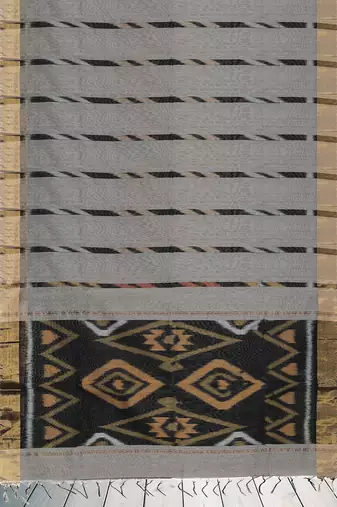 Slate grey & antique gold pochampally ikat cotton saree with running blouse