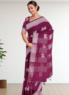 Tyrian purple & antique silver mau silk cotton saree with running blouse 4