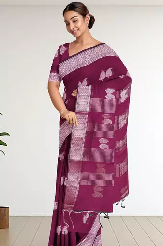 Tyrian purple & antique silver mau silk cotton saree with running blouse
