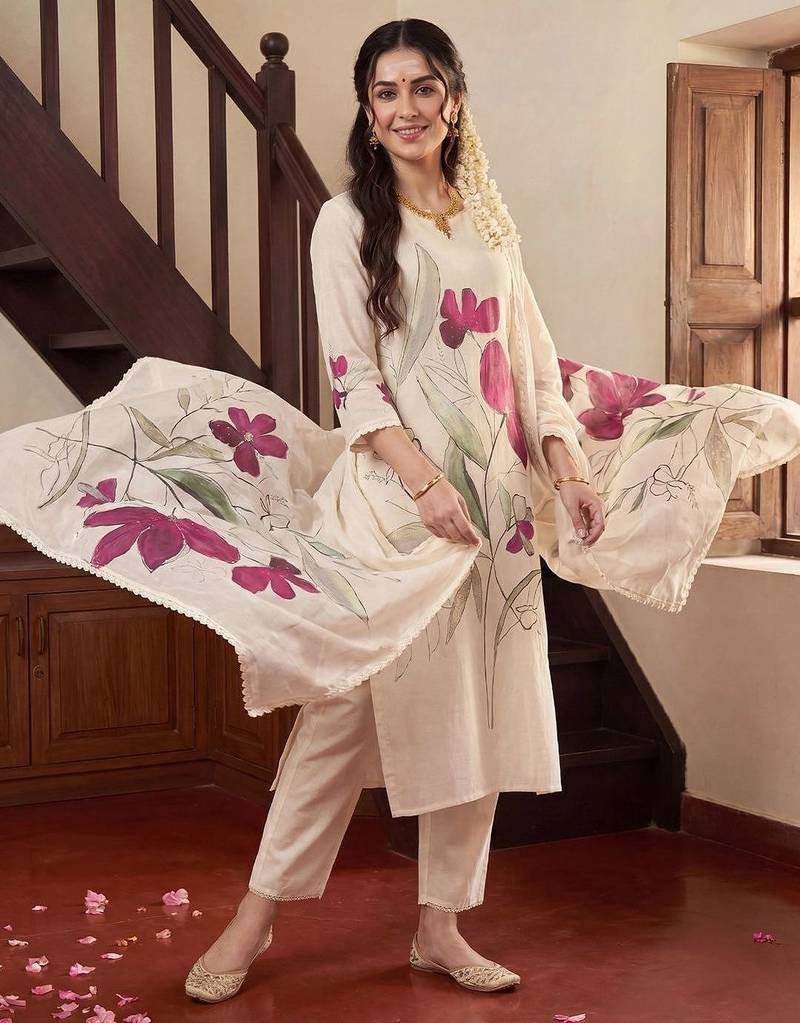 Women Floral Printed Regular Kurta with Trousers & With Dupatta