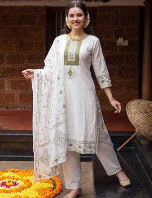 Women Ethnic Motifs Embroidered Regular Mirror Work Pure Cotton Kurta with Trousers & With Dupatta 5