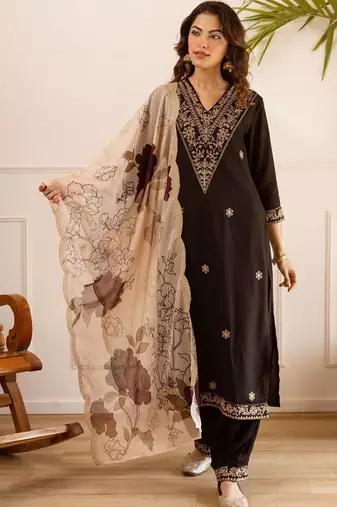 Women Ethnic Motifs Embroidered Regular Thread Work Kurta with Patiala & With Dupatta