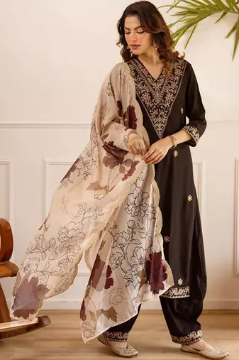 Women Ethnic Motifs Embroidered Regular Thread Work Kurta with Patiala & With Dupatta