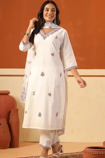 Women Ethnic Motifs Embroidered Regular Thread Work Pure Cotton Kurta with Trousers & With Dupatta