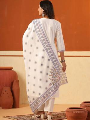 Women Ethnic Motifs Embroidered Regular Thread Work Pure Cotton Kurta with Trousers & With Dupatta 4