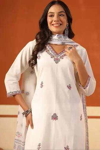 Women Ethnic Motifs Embroidered Regular Thread Work Pure Cotton Kurta with Trousers & With Dupatta
