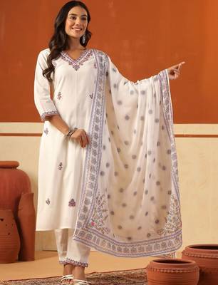 Women Ethnic Motifs Embroidered Regular Thread Work Pure Cotton Kurta with Trousers & With Dupatta 6