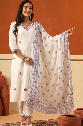 Women Ethnic Motifs Embroidered Regular Thread Work Pure Cotton Kurta with Trousers & With Dupatta