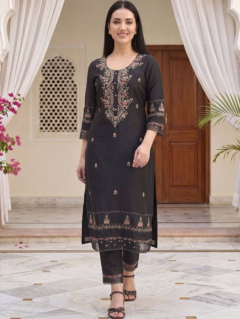Women Ethnic Motifs Embroidered Regular Thread Work Kurta with Trousers & With Dupatta