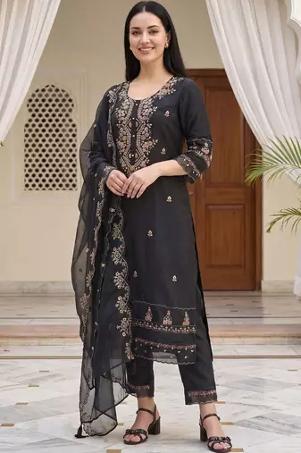 Women Ethnic Motifs Embroidered Regular Thread Work Kurta with Trousers & With Dupatta
