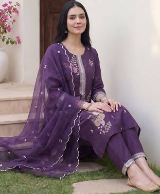Women Ethnic Motifs Embroidered Regular Thread Work Kurta with Trousers & With Dupatta 1