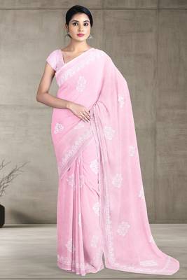 Baby pink & ivory white andhra cotton saree with running blouse 1
