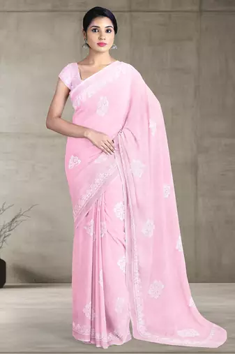 Baby pink & ivory white andhra cotton saree with running blouse