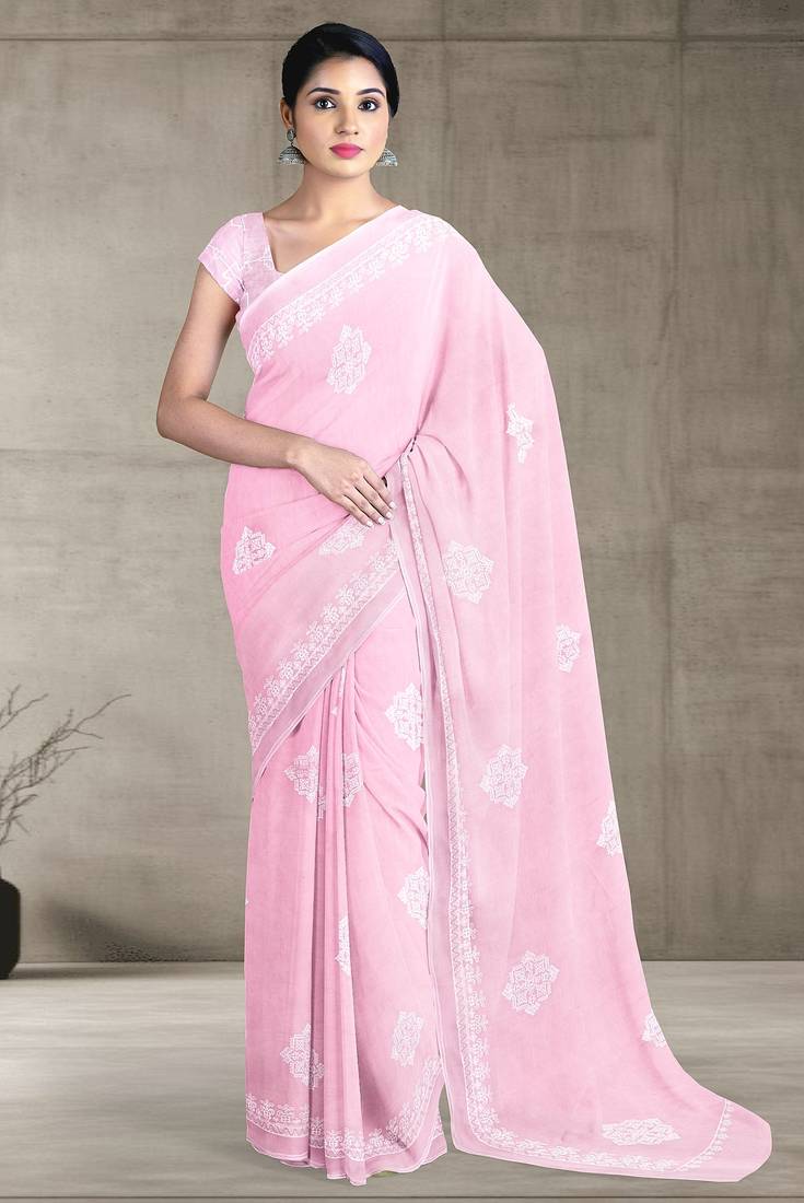 Baby pink & ivory white andhra cotton saree with running blouse