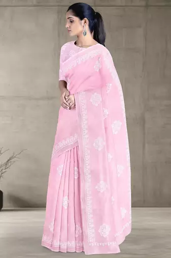 Baby pink & ivory white andhra cotton saree with running blouse