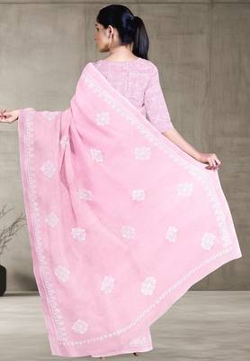 Baby pink & ivory white andhra cotton saree with running blouse 3