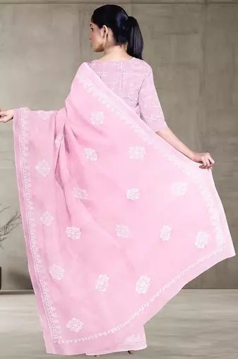 Baby pink & ivory white andhra cotton saree with running blouse
