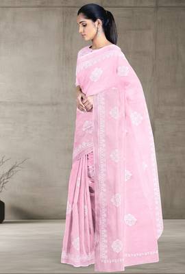 Baby pink & ivory white andhra cotton saree with running blouse 4