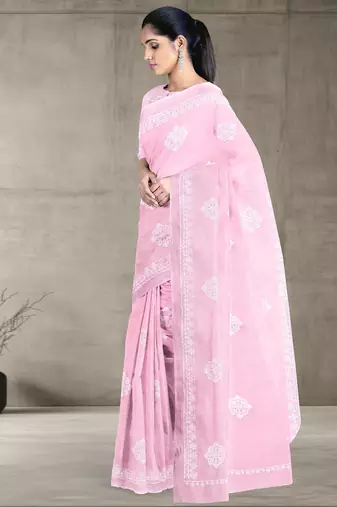Baby pink & ivory white andhra cotton saree with running blouse