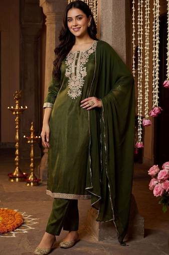 Women Ethnic Motifs Embroidered Regular Kurta with Trousers & With Dupatta