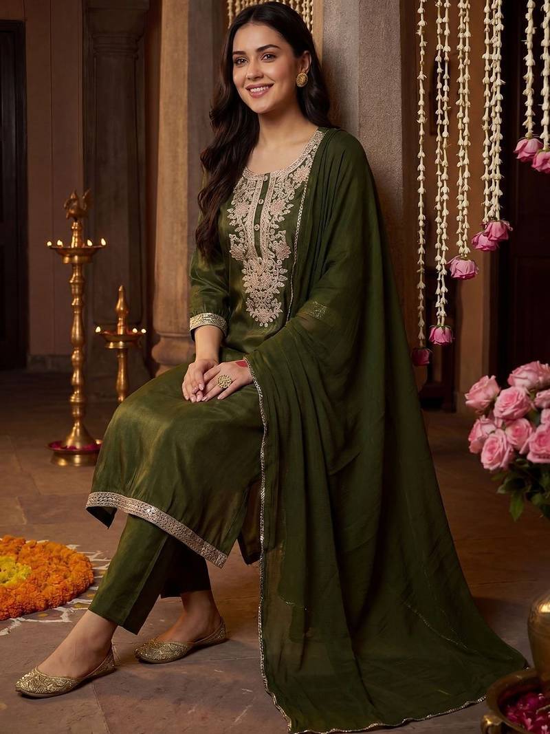 Women Ethnic Motifs Embroidered Regular Kurta with Trousers & With Dupatta