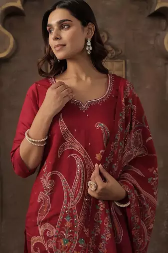 Women Paisley Printed Regular Sequinned Kurta with Trousers & With Dupatta